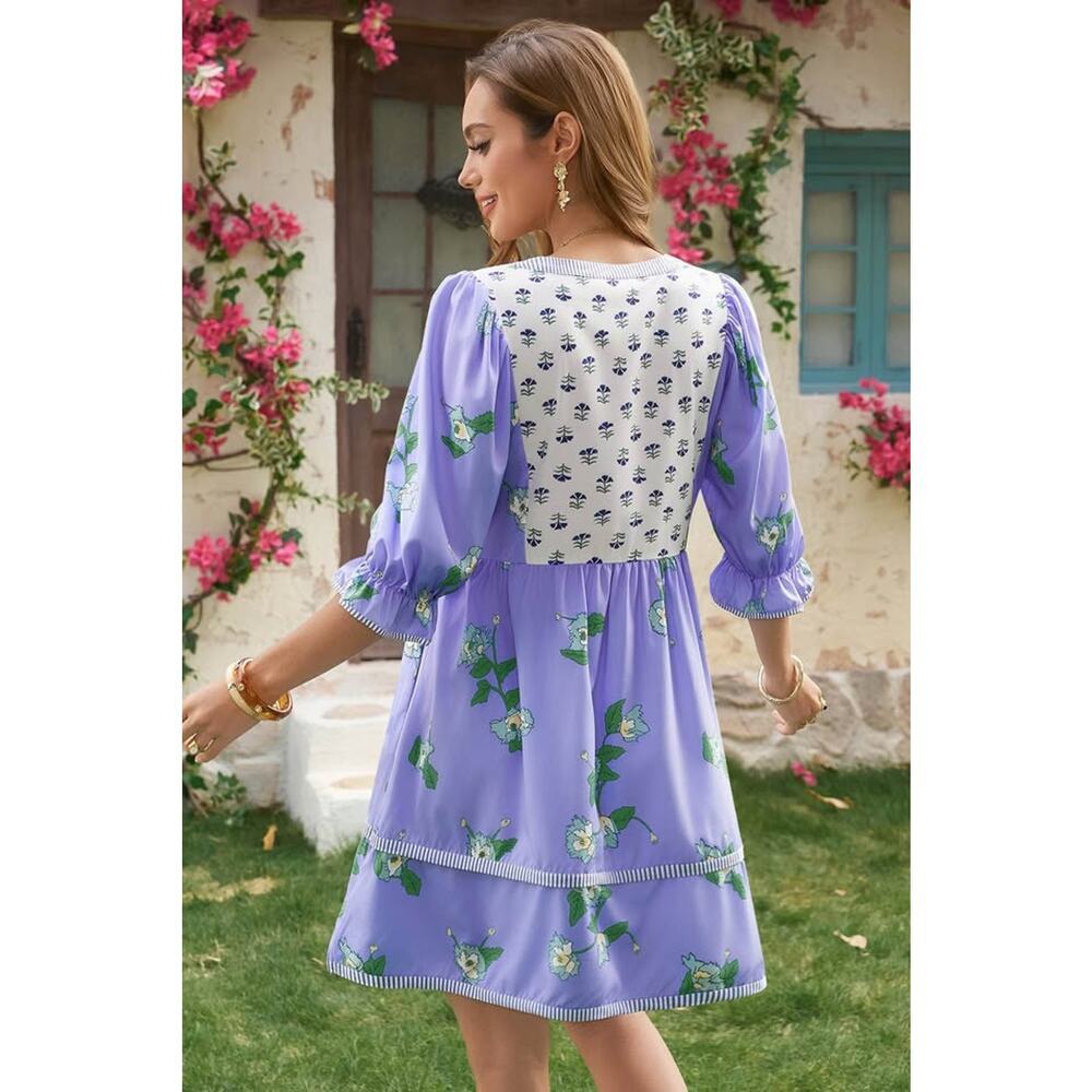 Boutique Women’s XL Violet Floral Puff Patchwork Shirt Dresses - Picture 3 of 8